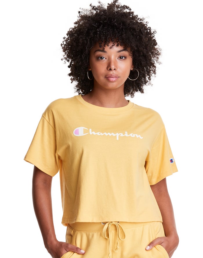 Champion Womens T-Shirt NZ - Cropped Script Logo Yellow ( 1427-PFJXM )